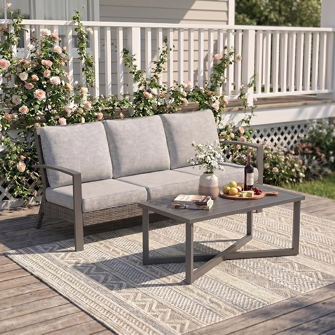 Green4ever Patio Sofa, 2 Pieces Patio Furniture Set with Coffee Table, Wicker Outside Furniture with Cushions, Patio Sofa for Porch, Outside Couch for Pool, Deck, Garden, Backyard, Grey