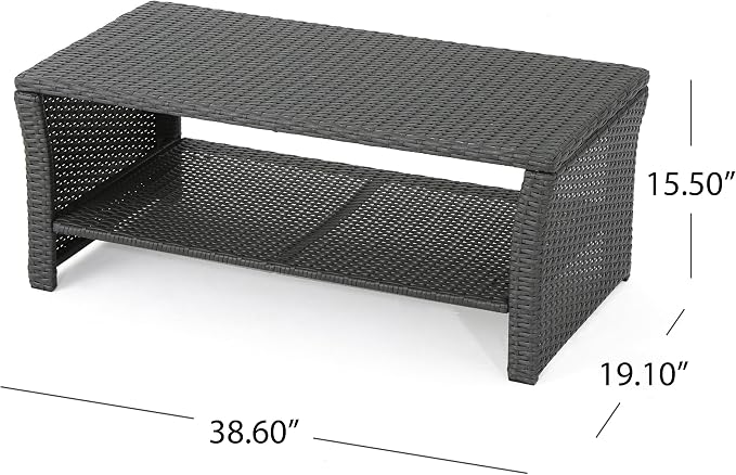 ST Lucia Patio Coffee Table Woven Rattan Open Shelf, Grey | Woven rattan, weather resistant, flat tabletop, open lower shelf, stable 4-corner base