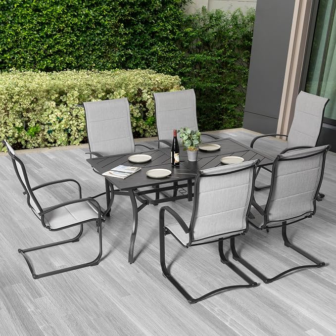 NUU GARDEN 7 Piece Outdoor Patio Dining Set, 6 Textilene Dining Chairs and 61" Rectangular Patio Dining Table with 1.77" Umbrella Hole, for Backyard, Patio, Garden, Gray and Black