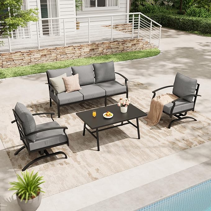 Metal Patio Furniture Set, 4 Piece Outdoor Sectional Conversation Sofa Set, 3-Seat Sofa w/2 Single Sofas and Coffee Table, Garden, Porch, Balcony, Deck, Grey