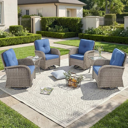 Outdoor Swivel Glider Rocker Chairs Set of 4 - Wicker Patio Furniture Set All Weather Patio Conversatio Sets with 2 Tempered Glass Side Table for Deck Backyard - Grey Wicker Blue Cushion