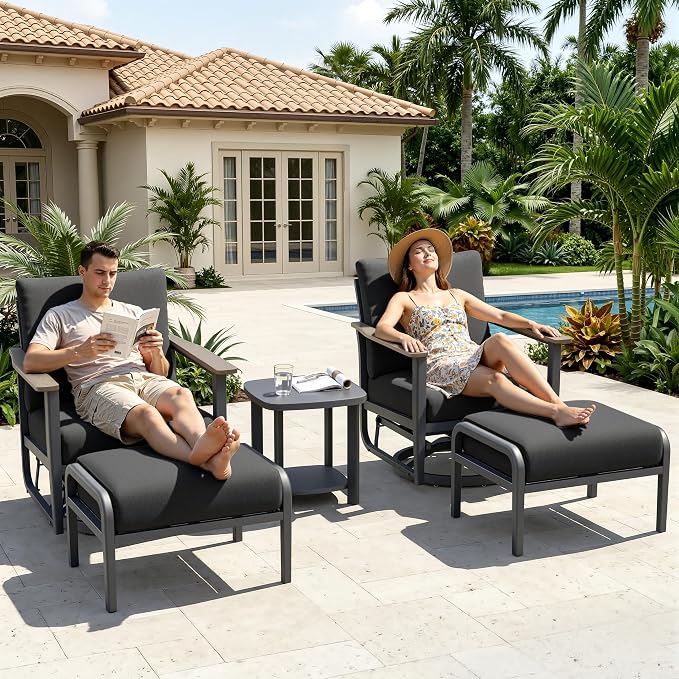 Aluminum Patio Swivel Rocking Chair Outdoor Bistro Set with Ottomans, 5PCS Patio Conversation Set Outdoor Patio Furniture Set with High Backrest & Thickened Cushions for Garden, Dark Grey
