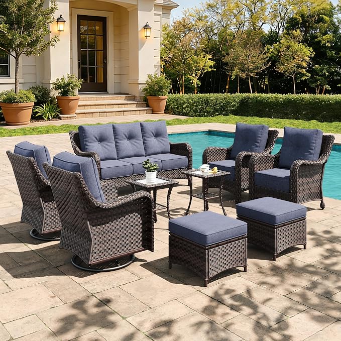 9 Pieces Outdoor Furniture Set with 6-inch Cushions, High Back Wicker Swivel Rocker Chairs with Coffee Table, Luxury Conversation Set for Deck Patio and Poolside