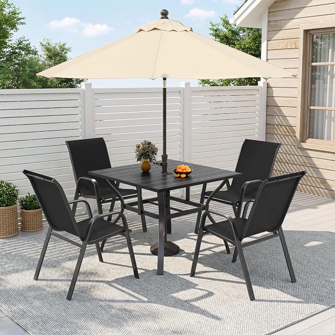 Outdoor Dining Set for 4, Patio Metal Table and Chairs Set with 1.97'' Umbrella Hole, 5pcs Patio Furniture Set 37.8”x37.8” Dining Table Set with Stackable Chairs for Backyard Pool Deck