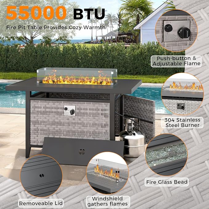 14-Seat Outdoor Wicker Patio Furniture Set with Fire Pit Table, Modular Rattan Sectional Sofa & 2 Swivel Rocking Chairs, 4" Thick Cushions, Rust-Resistant Frame,Beige