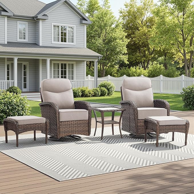 HUMMUH Outdoor Swivel Rocker Patio Chairs with Ottomans,Luxury 6-inch Thick Cushion High Back Patio Furniture Set,5PCS Wicker Conversation Set for Deck Yard and Poolside