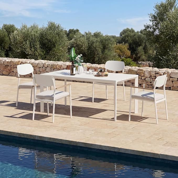 Modern Shade Luxury Outdoor Dining Set for 5, Outdoor Table and Chairs Set with Fade Resistant Cushions & FSC Teak, Premium Aluminum Patio Table and Chairs Set for Elegant Outdoor Living, White