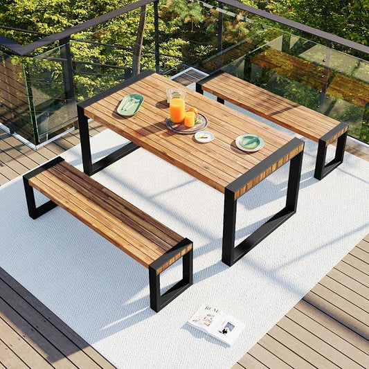 Acacia Wood Patio Dining Set, 3 Piece Outdoor Dining Set with Benches, Wood