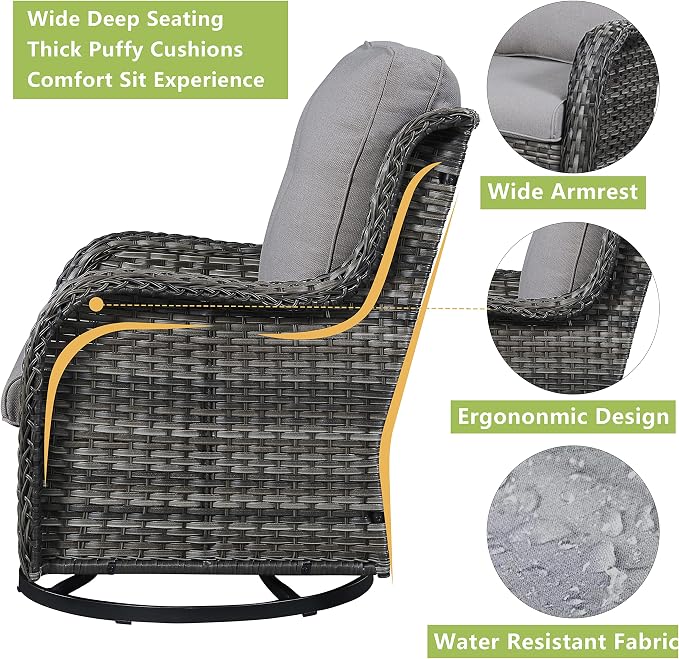 Rilyson Wicker Patio Furniture Set - 7 Piece Rattan Outdoor Sectional Conversation Sets with 4 Swivel Rocking Chairs,2 Ottomans and 1 Sofa for Porch Deck Garden(Mixed Grey/Grey)