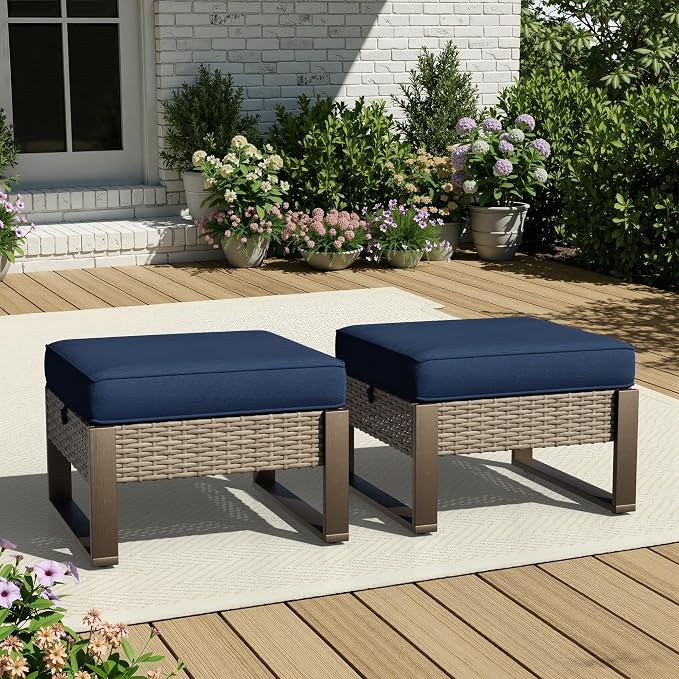 Joyside Outdoor Patio, All-Weather PE Rattan Ottomans Footstools with Removable Cushions & Anti-Rust Wood-Looking Legs for Garden, Backyard, Porch, Deck (Blue)