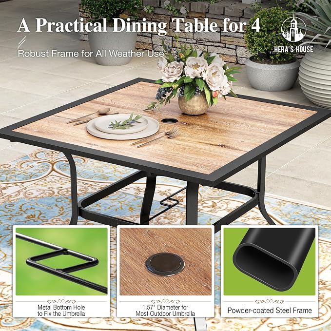 HERA'S HOUSE Patio Dining Set for 4, Wood-Look Metal Table, Blue Chair | 37" outdoor square table + textilene chairs, All-weather, rust-resistant for Lawn Garden Backyard
