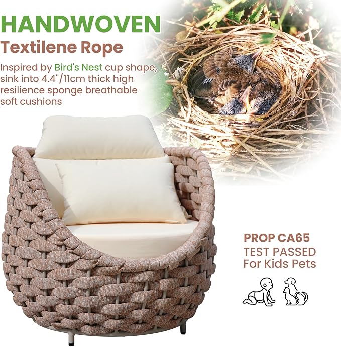 3 Piece Outdoor Furniture Set: Aluminum Patio Conversation Sofa Set - Assembled Couch Armchair Table Set Cushioned - Hand Woven Rope Chair Set All Weather Indoor Deck Balcony Hotel, Terracotta