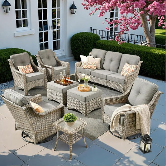 8 PCS Outdoor Patio Furniture Sets,Patio Conversation Sets Outside Rattan Soft Cushion Sofa with 2 Wicker Rocking Chairs Soft Cushion Fit Backyard Porch Garden Poolside Balcony,Dark Grey