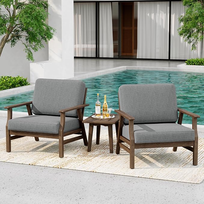 2 Piece Wood Patio Chair Outdoor Bistro Set, Outdoor Armrest Chair All Weather Patio Sofa Furniture Backyard Conversation Sets with Cushions, Grey