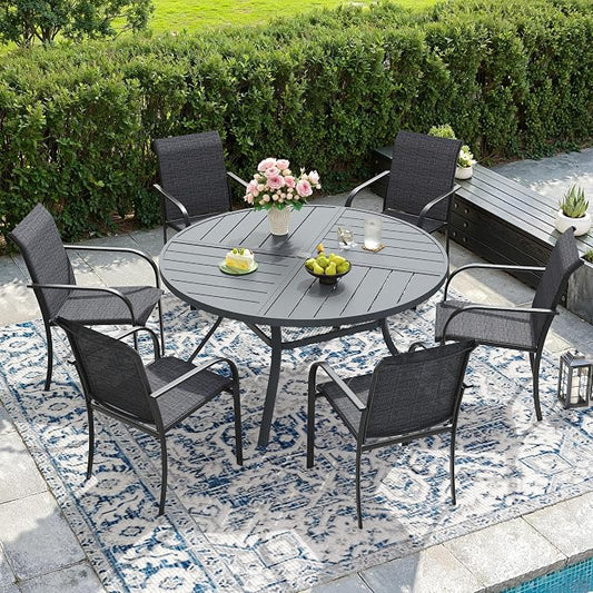 DIFY Patio Dining Set for 6, 7 Piece Outdoor Table and Chairs Set, 47.2" Round Metal Patio Dining Table and 6 Textilene Stackable Patio Chairs, for Backyard Garden Poolside, Grey
