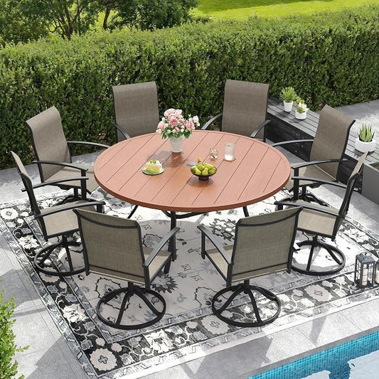 DIFY 9 Pieces Outdoor Dining Set for 8, 60" Walnut Round Metal Table with Umbrella Hole and Brown Textilene Swivel Patio Chairs, Patio Table and Chairs Set for Garden, Backyard, Poolside