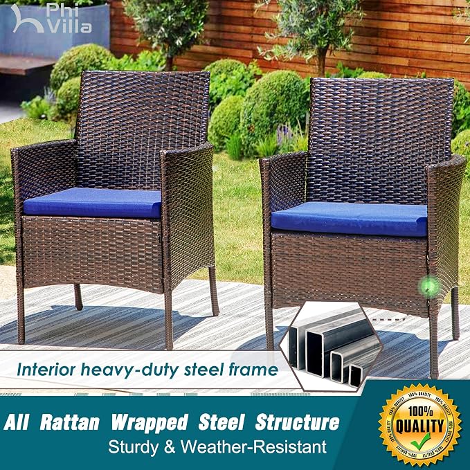 PHI VILLA 9 Pieces Square Outdoor Dining Set for 8, 57” Metal Iron Dining Table & Rattan Wicker Chairs with Cushions, Large Dining Furniture Set for Patio, Deck, Yard, Porch