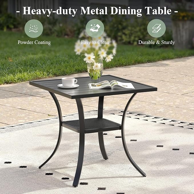 Outdoor Dining Set for 2, 28" Metal Square Outdoor Dining Table and Padded Textilene Patio Swivel Chairs, 3 Pieces Patio Table and Chairs Set for Garden Backyard, Mixed Brown and Black