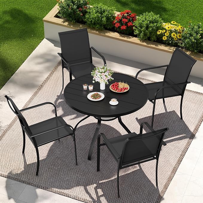 5-Piece Patio Dining Set,4 Person Outdoor Table and Chairs Set, 4 Metal Dining Chairs and Round Outdoor Table with 1.57" Umbrella Hole,Black