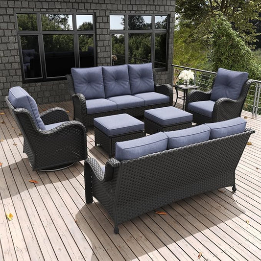 LayinSun 7 Pieces Outdoor Patio Furniture Set, Rattan Wicker Sectional Swivel Rocker Chairs Sets with Ottomans, Swivel Glider Chairs and Coffee Table