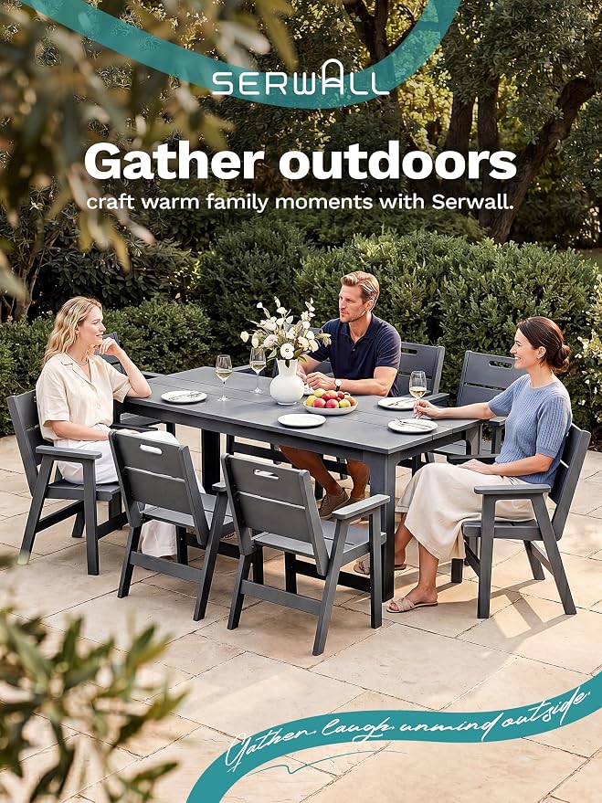 SERWALL 10-Piece Outdoor Dining Set, All-Weather HDPE Patio Furniture with 76" Rectangular Dining Table, 8 Arm Chairs & 1 15FT Umbrella (Base Not Included), Heavy Duty Patio Dining Sets, Gray