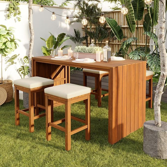 VilroCaz 5-Pieces Outdoor Patio Counter Height Dining Set, All-Weather Acacia Wood Bar Set with 4 Stools and Cushions for Backyard, Poolside, Balcony