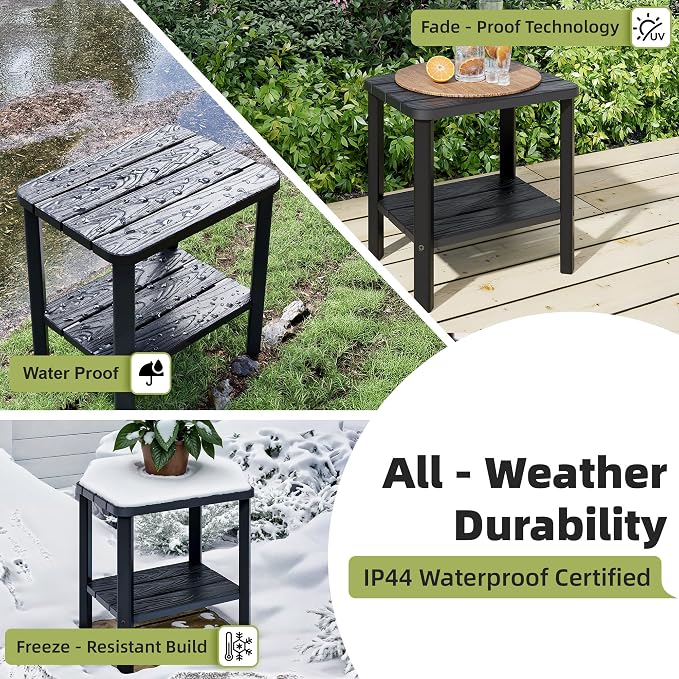 KAMABOKO HDPE Outdoor Side Table Set of 2, 2-Tier Adirondack End Table Wood-Like Grain 16" Waterproof Square Storage Tables for Patio Pool Backyard Lawn and Indoor(Black)