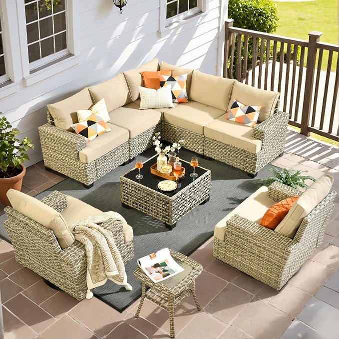 9 Pcs Outdoor Sectional Patio Furniture Set with Swivel Rocking Chairs - All Weather Wicker Modular Outside Sectional Couch,Patio Seating Outdoor Conversation Set for Deck Yard Garden,Beige