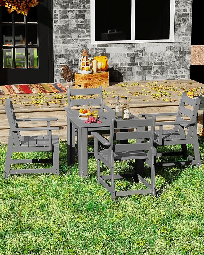 GREENVINES Patio-Chair | Outdoor Dining Chairs Set of 2 | HDPE Plastic | Removable Armrests | All Weather | for Backyard Deck Poolside Garden | Grey