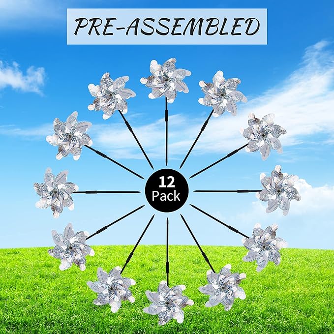 BATTIFE Preassembled Reflective Pinwheels for Yard & Garden, Silver, 12Pack | Sparkly Reflective Material Spinner, Spins Best in Steady Wind, Animal-Deterrent Results Vary by Placement and Conditions