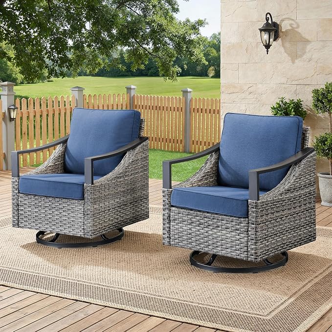 Outdoor Swivel Rocker Patio Chairs-High Back Wicker Swivel Rocker Patio Chairs Set of 2,PE Wicker Chair Outdoor Patio Furniture Sets with Covered Cushions for Porch Balcony Patio Deck Grey/Blue