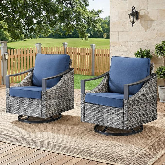Outdoor Swivel Rocker Patio Chairs-High Back Wicker Swivel Rocker Patio Chairs Set of 2,PE Wicker Chair Outdoor Patio Furniture Sets with Covered Cushions for Porch Balcony Patio Deck Grey/Blue