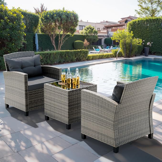 JAMFLY 3 Piece Wicker Patio Furniture Set - Outdoor Rattan Conversation Set with Soft Cushions & Glass Coffee Table for Balcony, Porch, Small Backyard - All Weather Grey Bistro Set, Grey