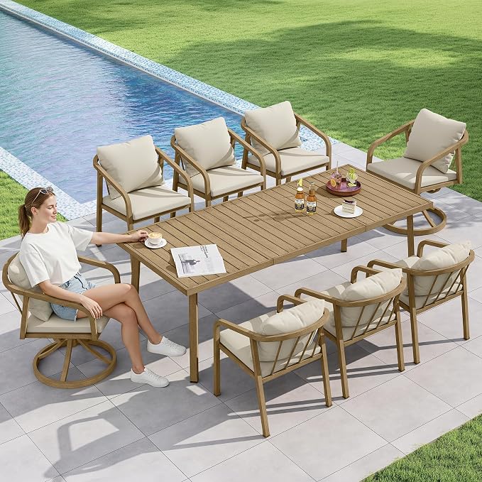 Outdoor Dining Set,9-Piece Patio Dining Table Set for 8 with Rectangular Table and 6 Thick Cushion Dining Chair & Swivel Chair, Aluminum Patio Furniture Set for Backyard, Garden (Brown)