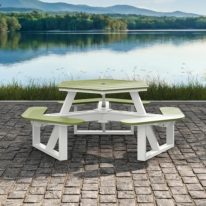 Shoreline Made in USA Hexagon Picnic Table, Seating for 6, White with Palm Green