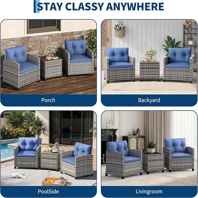 3-Piece Patio Furniture Set, Outdoor PE Rattan Chair with Washable Cushions and Tempered Glass Table Set, All-Weather Conversation Bistro Set for Porch, Garden, Balcony, Deck