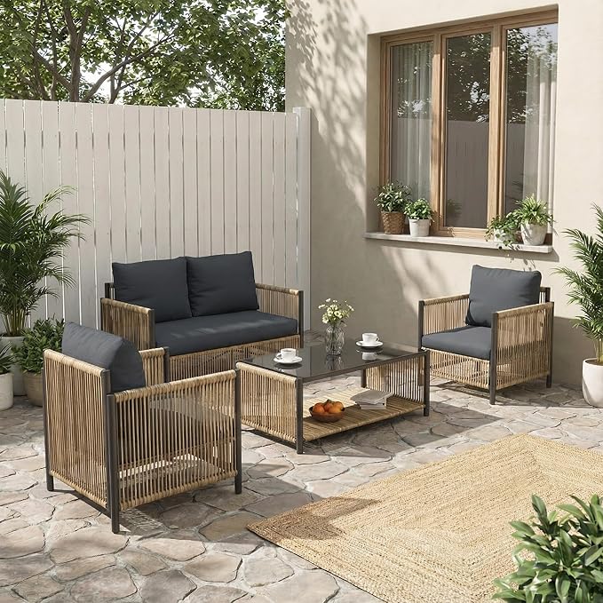 Aluminum Outdoor Patio Furniture Set - 2 Pcs Armchair, Loveseat & Dual-Layer Coffee Table - Rope Sectional Conversation Sofa Sets with Washable Thick Cushion for Garden/Backyard/Porch
