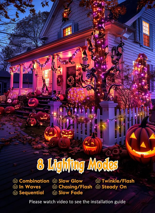 240 LED Solar Fairy Lights Outdoor Waterproof IP65, 20FT 8 Lighting Modes | Solar Christmas Lights Outdoor Waterproof Cascading Twinkle Lights Balcony Garland Patio Christmas Decorations, Orange Purple