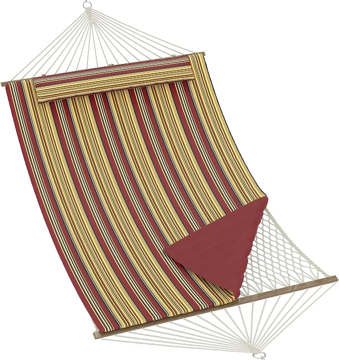 2 Person Hammock with Stand - Cotton Rope & Padded Polyester Mat - Adjustable Steel Frame - Outdoor Comfort for Patio, Backyard, Garden, Beach - Red & Yellow Stripes