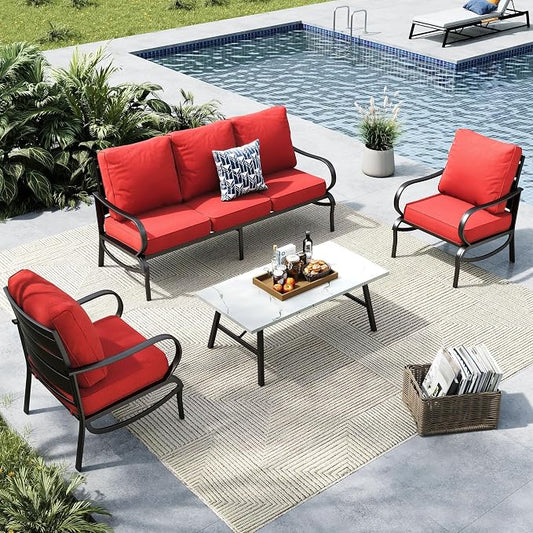MFSTUDIO 4 Pieces Patio Conversation Set, 5 Seats Metal Patio Furniture Sets with 1 x 3-Seat Sofa, 2 Single Chairs,1 Coffee Table, All Weather Steel Patio Sets with 5.75inch Red Cushion for Garden