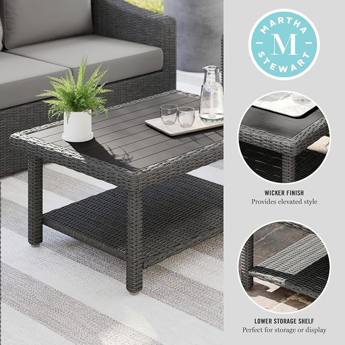 Martha Stewart Bedford Indoor-Outdoor Patio Coffee Table with Lower Shelf, Faux Wood Top, and Rattan Wicker Finish in Gray
