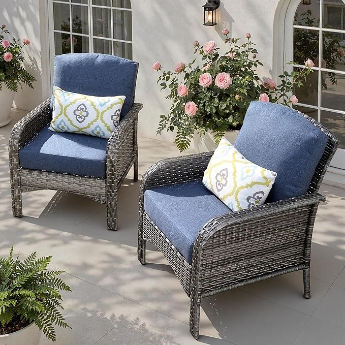 Patio Furniture Set, Outdoor Wicker Chairs of 2, Modern Rattan Outdoor Chairs Conversation Set, All Weather High Back Patio Sofa with Comfy Cushions for Porch, Balcony, Garden, Denim Blue