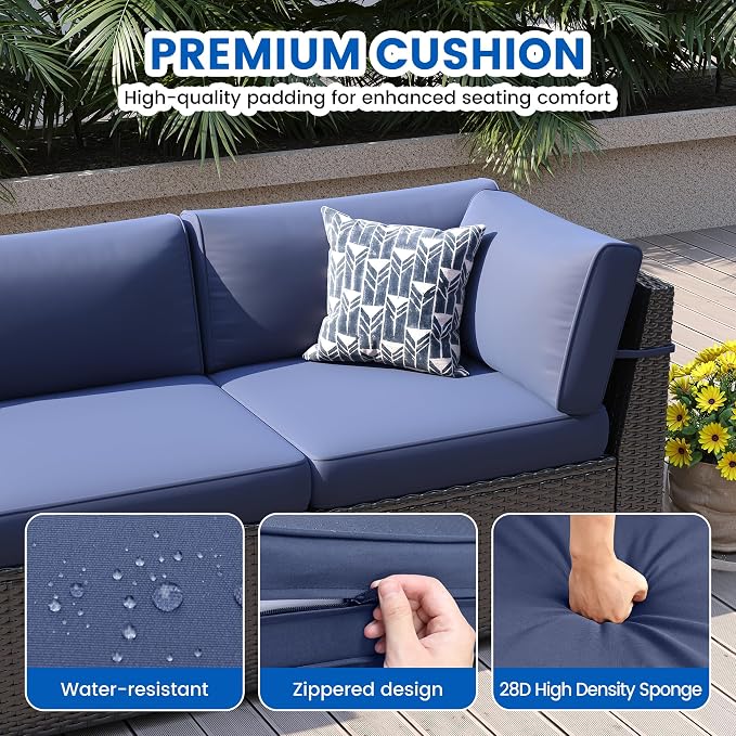 8 Piece Patio Furniture Set with 44” Fire Pit Table All-Weather Wicker Conversation Sectional Sofa & Coffee Table with Thickened Cushions for Backyard, Garden(Navy Blue)