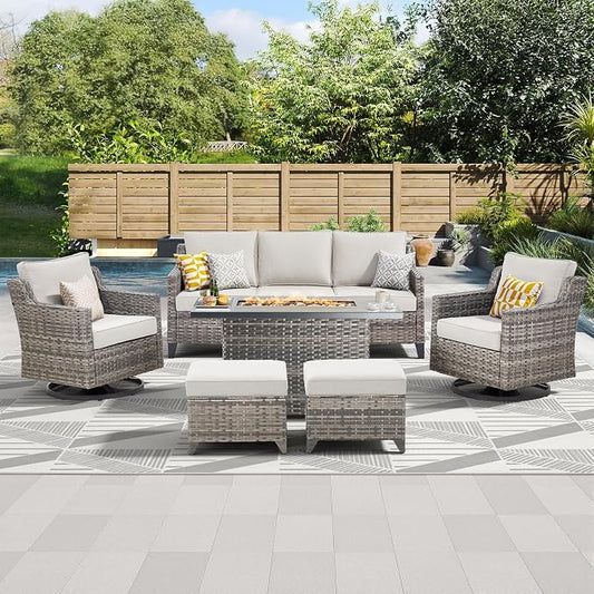 Patio Furniture Set with 42.5" Fire Pit Table-6 Pieces All Weather Wicker Outdoor Furniture with High Back Swivel Patio Chairs Set of 2 Outdoor Couch for Deck Backyard Beige/Gray