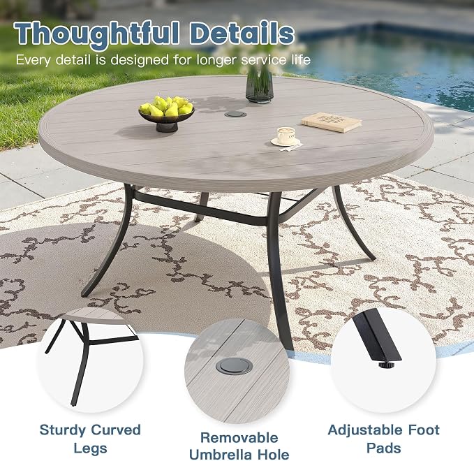 DIFY Outdoor Dining Set for 8, 9 Piece Patio Table and Chairs Set, Swivel Patio Chairs with Sandshell Textilene & 63" Grey Wood-Like Round Metal Dining Table with Umbrella Hole, for Garden Backyard