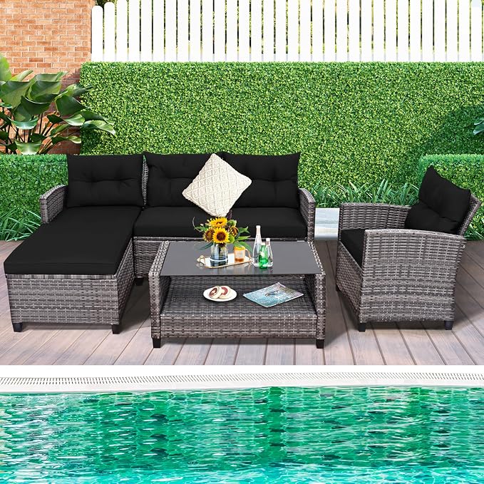 Tangkula 4 Pieces Rattan Conversation Set, Patiojoy Outdoor Furniture Set with Cushions, Lounge Sofa Set with Coffee Table, Patio Sectional Sofa Set for Patio Garden Poolside Backyard (Black)