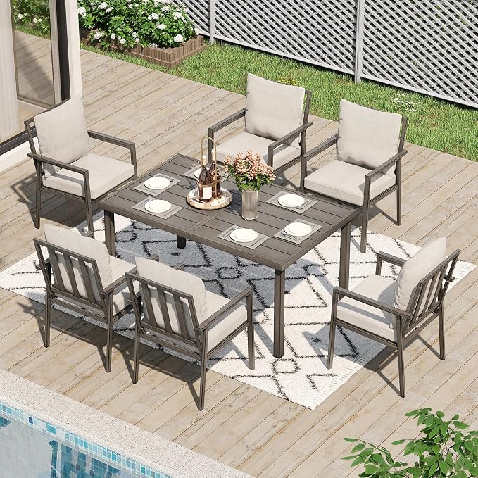 HAPPATIO Patio Dining Set for 6, 7-Piece Outdoor Aluminum Dining Furniture Set, 6 Cushioned Dining Chairs and Table for Deck Yard Poolside, Rust-Proof, Weather-Resistant, Easy Assembly