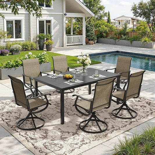 DIFY Outdoor Dining Set for 6, 7 Piece Patio Table and Chairs Set, Swivel Patio Chairs with Brown Textilene & 63" Black Rectangle Metal Dining Table with Umbrella Hole, for Garden Backyard Deck