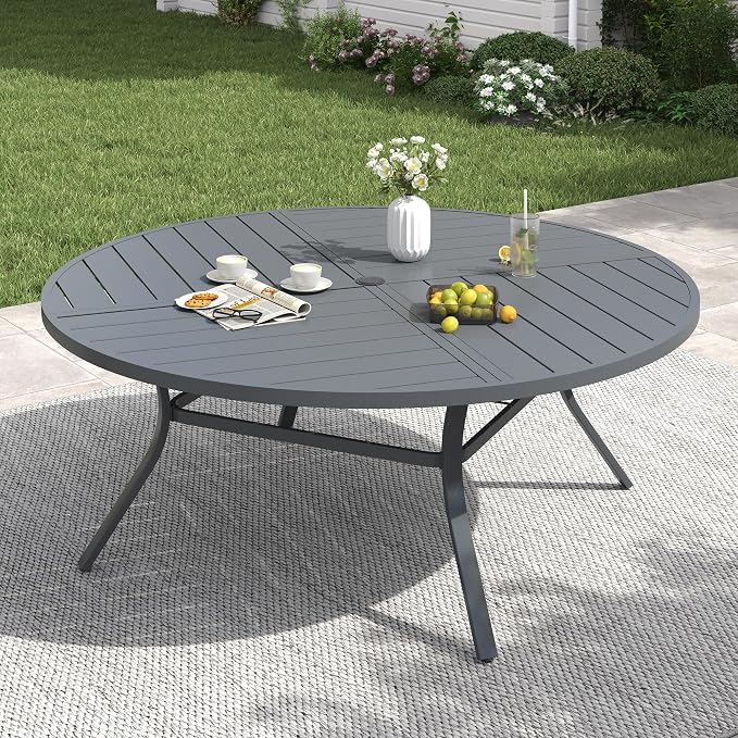 VICLLAX 60" Round Patio Table with Umbrella Hole, All Weather Metal Outdoor Dining Table for 8, Outside Table for Lawn Garden, Grey