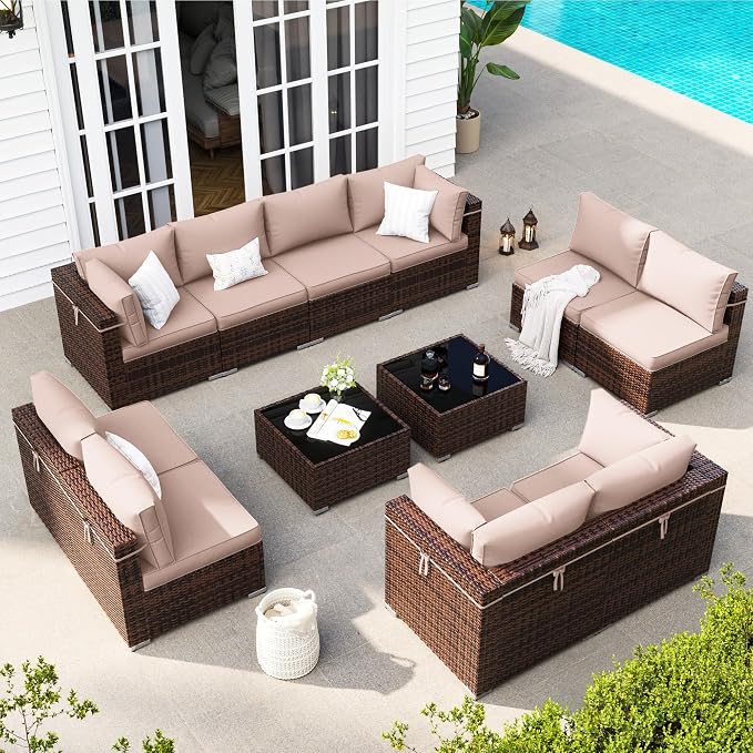 Patio Furniture Set, Modular 12-Piece Patio Conversation Sets with Coffee Table, All-Weather Wicker Outdoor Sectional for Backyard and Balcony, Grey (Waterproof Covers Included)
